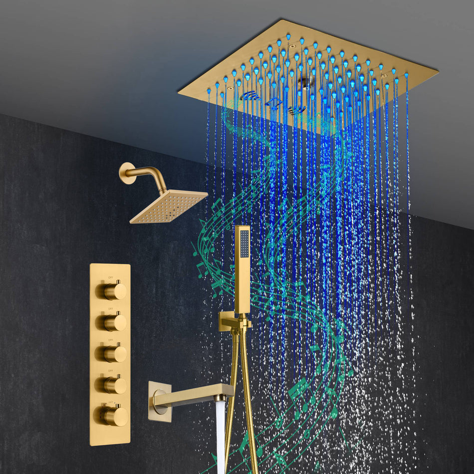 Brushed Gold 4-Way Thermostatic Shower Faucet: Flush Mount with Tub Spout, 12-Inch LED Light Shower Head with 64 Colors and Bluetooth Music