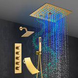 Brushed Gold 4-Way Thermostatic Shower Faucet: Flush Mount with Tub Spout, 12-Inch LED Light Shower Head with 64 Colors and Bluetooth Music
