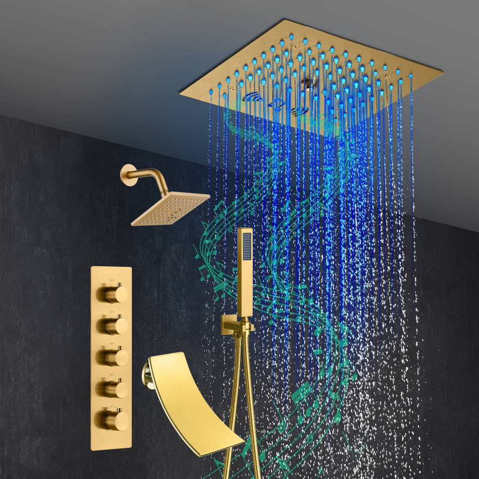 Brushed Gold 4-Way Thermostatic Shower Faucet: Flush Mount with Tub Spout, 12-Inch LED Light Shower Head with 64 Colors and Bluetooth Music