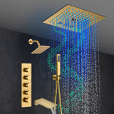 Brushed Gold 4-Way Thermostatic Shower Faucet: Flush Mount with Tub Spout, 12-Inch LED Light Shower Head with 64 Colors and Bluetooth Music