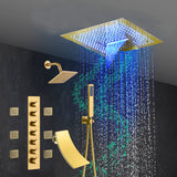 Brushed Gold 6-Way Thermostatic Shower Faucet: Flush Mount 16-Inch LED Light Shower Head with 64 Colors and Bluetooth Music,Tub Spout, 6 Jets