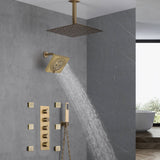 Brushed Gold 16-Inch Rainfall Ceiling Mount Shower Head with 4-Way Thermostatic Faucet, Body Jets, and High-Pressure Wall Mount Head