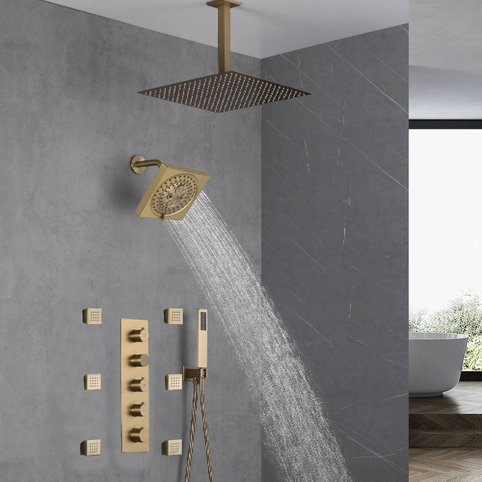 Brushed Gold 16-Inch Rainfall Ceiling Mount Shower Head with 4-Way Thermostatic Faucet, Body Jets, and High-Pressure Wall Mount Head
