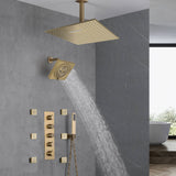 Brushed Gold 16-Inch Rainfall Ceiling Mount Shower Head with 4-Way Thermostatic Faucet, Body Jets, and High-Pressure Wall Mount Head