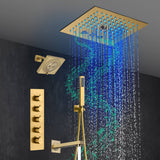 Brushed Gold 4-Way Thermostatic Shower Faucet: Flush Mount with Tub Spout, 12-Inch LED Light Shower Head with 64 Colors and Bluetooth Music
