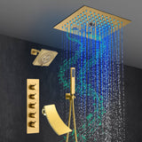 Brushed Gold 4-Way Thermostatic Shower Faucet: Flush Mount with Tub Spout, 12-Inch LED Light Shower Head with 64 Colors and Bluetooth Music