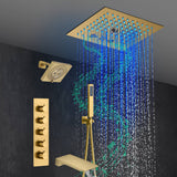 Brushed Gold 4-Way Thermostatic Shower Faucet: Flush Mount with Tub Spout, 12-Inch LED Light Shower Head with 64 Colors and Bluetooth Music