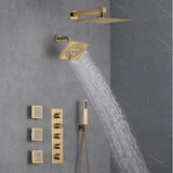 Brushed Gold 12-Inch or 16-Inch Rainfall Wall Mount Shower Head with 4-Way Thermostatic Faucet, Body Jets, and High-Pressure Wall Mount Head