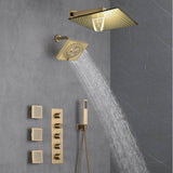 Brushed Gold 12-Inch or 16-Inch Rainfall Wall Mount Shower Head with 4-Way Thermostatic Faucet, Body Jets, and High-Pressure Wall Mount Head