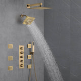 Brushed Gold 12-Inch or 16-Inch Rainfall Wall Mount Shower Head with 4-Way Thermostatic Faucet, Body Jets, and High-Pressure Wall Mount Head