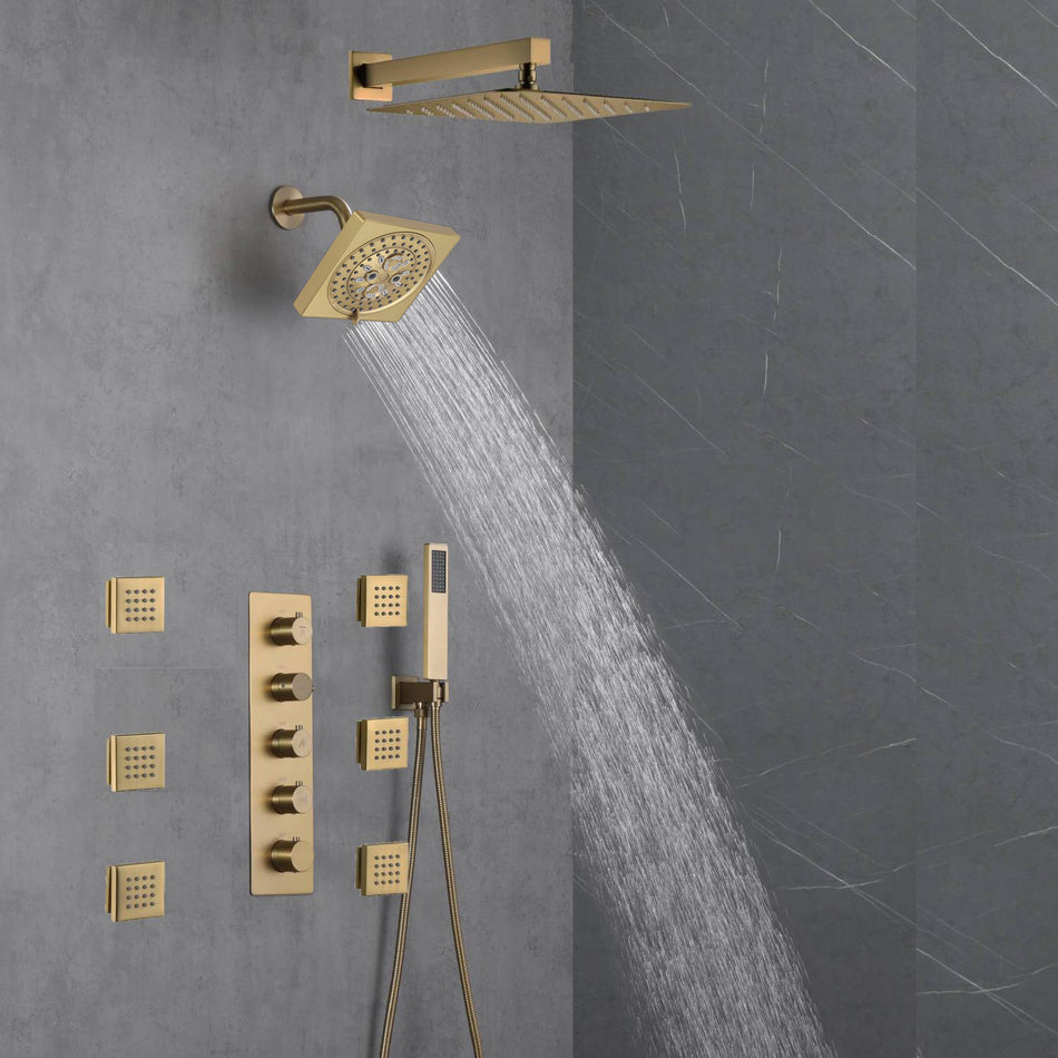 Brushed Gold 12-Inch or 16-Inch Rainfall Wall Mount Shower Head with 4-Way Thermostatic Faucet, Body Jets, and High-Pressure Wall Mount Head