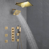 Brushed Gold 12-Inch or 16-Inch Rainfall Wall Mount Shower Head with 4-Way Thermostatic Faucet, Body Jets, and High-Pressure Wall Mount Head