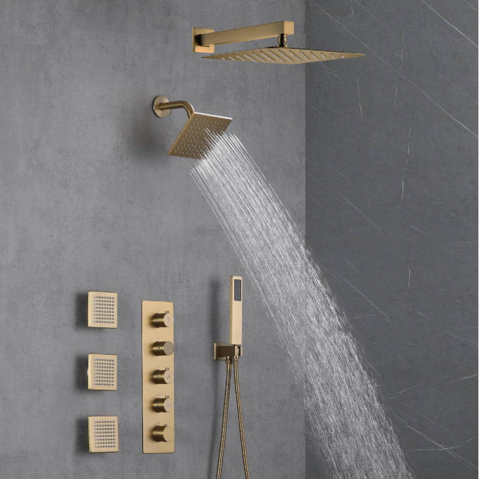 Brushed Gold 12-Inch or 16-Inch Rainfall Wall Mount Shower Head with 4-Way Thermostatic Faucet, Body Jets, and High-Pressure Wall Mount Head