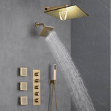 Brushed Gold 12-Inch or 16-Inch Rainfall Wall Mount Shower Head with 4-Way Thermostatic Faucet, Body Jets, and High-Pressure Wall Mount Head