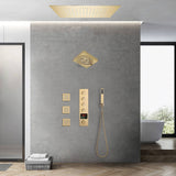 Brushed gold flushed on 20 inch rainfall 64 LED light Bluetooth Music shower head 4 way digital display shower faucet with body jets and regular head