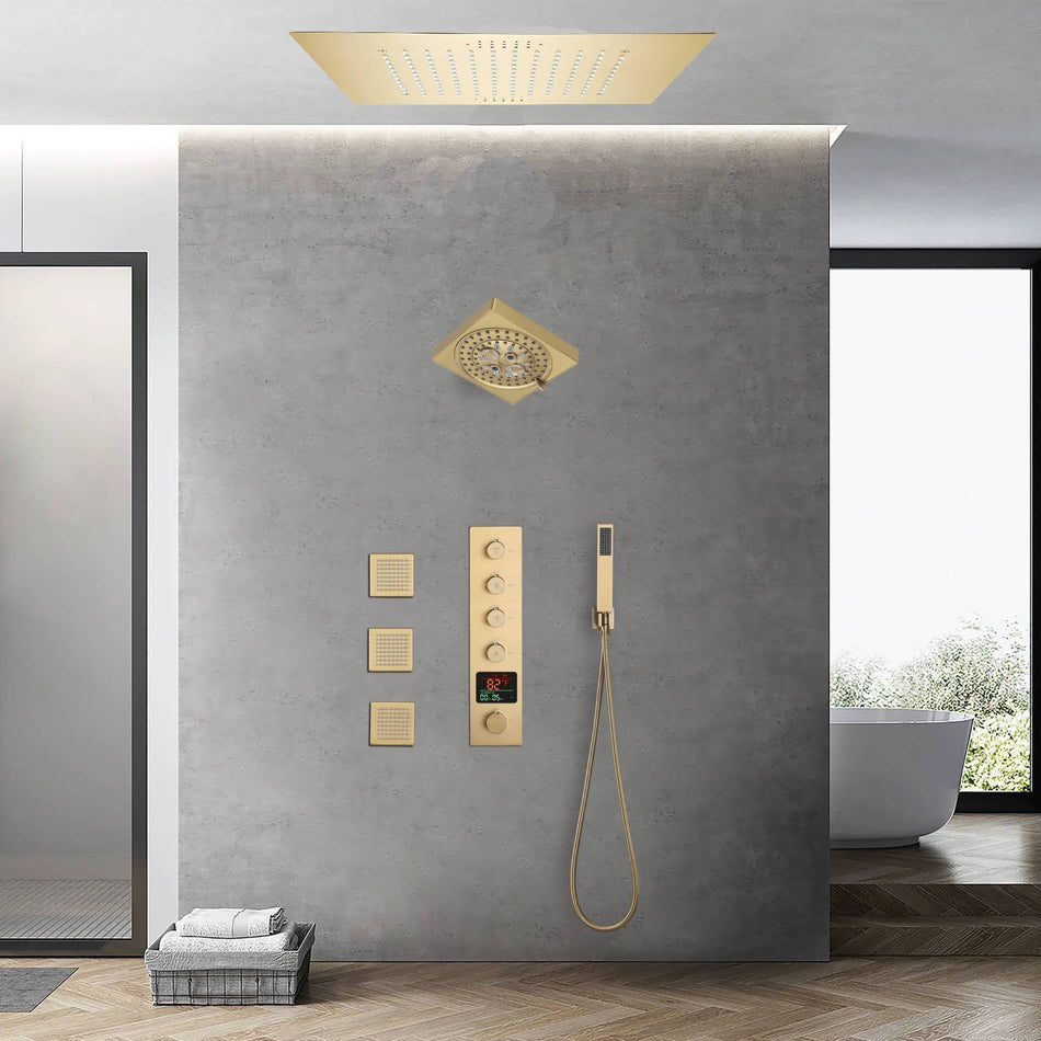 Brushed gold flushed on 20 inch rainfall 64 LED light Bluetooth Music shower head 4 way digital display shower faucet with body jets and regular head