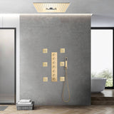 Brushed Gold 6-Way Digital Display Thermostatic Shower Faucet: Flush-Mounted 16-Inch Head, Rainfall, Waterfall, Mist, Hydro-Water Massage, 64-Color LED Lighting, Bluetooth Music, and 6 Body Jets