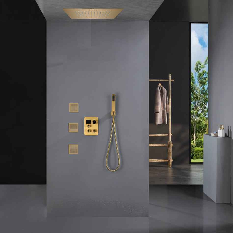 20'' Flush-Mounted Brushed Gold Rain Shower Head with 3-Way Digital Display Thermostatic Faucet, Music, and 64-LED Lights - All Functions Operable Simultaneously or Separately
