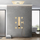 Brushed Gold 6-Way Digital Display Thermostatic Shower Faucet: Flush-Mounted 16-Inch Head, Rainfall, Waterfall, Mist, Hydro-Water Massage, 64-Color LED Lighting, Bluetooth Music, and 6 Body Jets