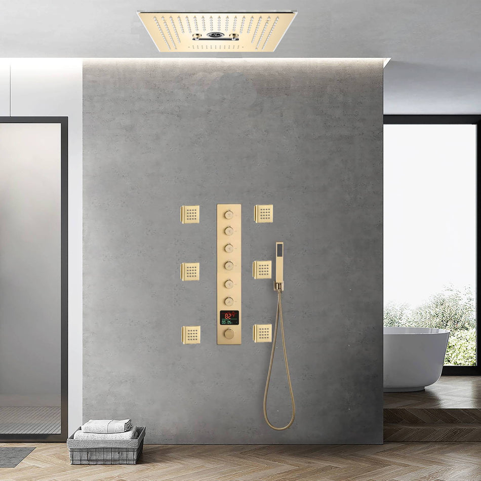 Brushed Gold 6-Way Digital Display Thermostatic Shower Faucet: Flush-Mounted 16-Inch Head, Rainfall, Waterfall, Mist, Hydro-Water Massage, 64-Color LED Lighting, Bluetooth Music, and 6 Body Jets