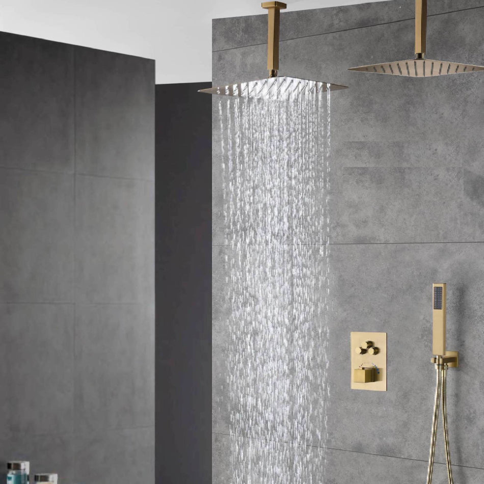 Brushed Gold Dual Ceiling & Wall Shower Heads with 3-Way Thermostatic Valve System - Seamless Functionality Both Together & Separately