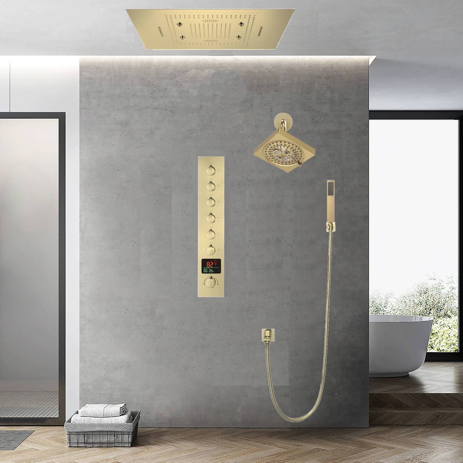 31 x 23-Inch Brushed Gold Flush-Mounted LED Music Shower Head with 6-Way Thermostatic Faucet and Regular Head - Combined or Independent Functionality