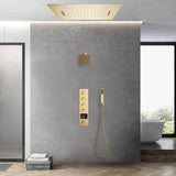 Brushed Gold 20-Inch Rainfall & Waterfall Shower Head with 64 LED Lights, Bluetooth Music & 4-Way Digital Display Faucet, Including a Regular Head: Flush-Mounted Luxury for Your Bathroom