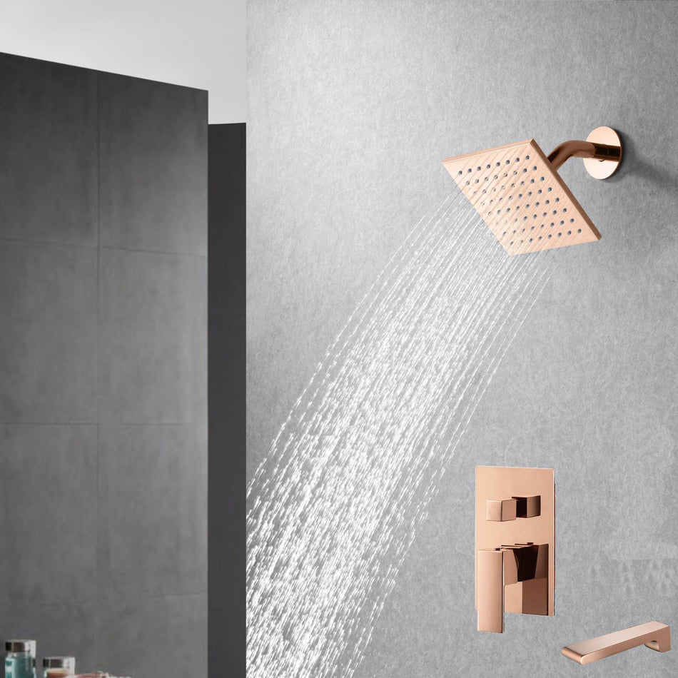 High Water Pressure 6-Inch Regular Head Rose Gold Wall Mounted Two Way Pressure Balance Shower System with Tub Spout