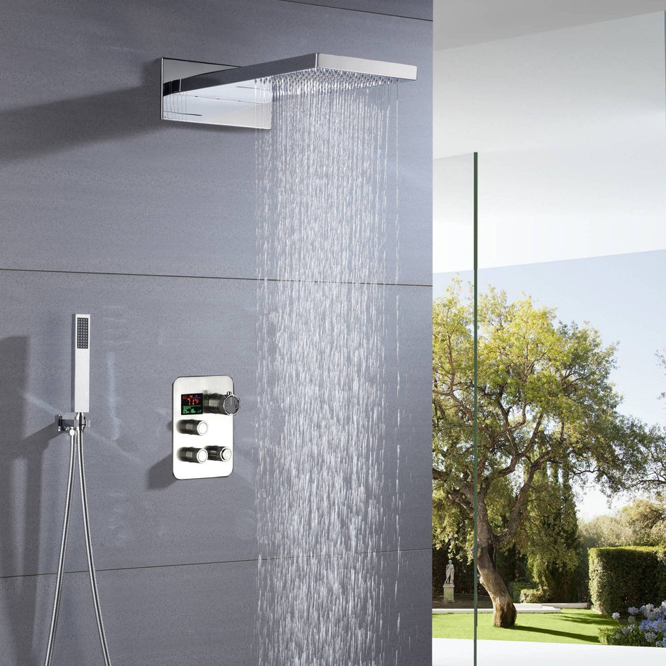 22" Chrome LED light or non-LED light rainfall waterfall shower head 3 way thermostatic shower system