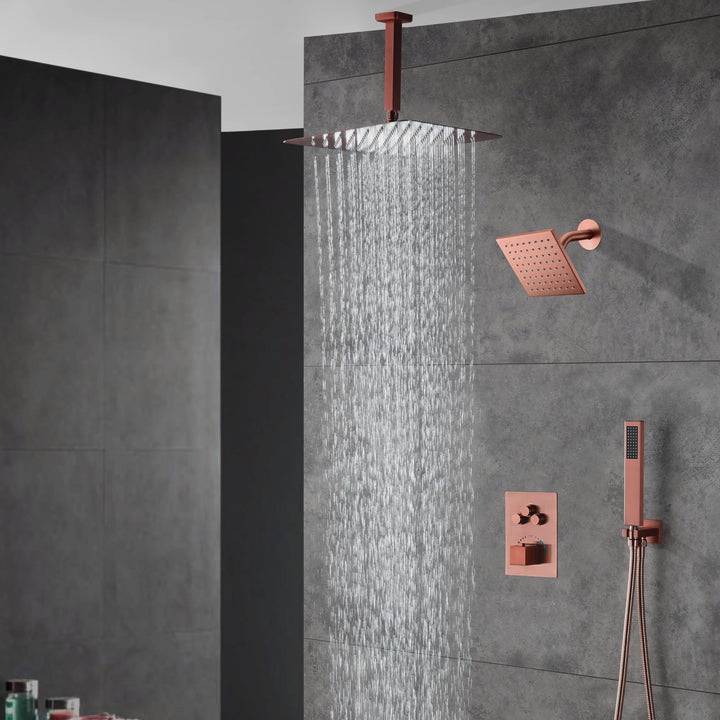 Luxurious Rose Gold 3-Way Thermostatic Shower System | 6-Inch Regular High-Pressure Shower Head | 12-Inch Ceiling Mount Rainfall Shower Head
