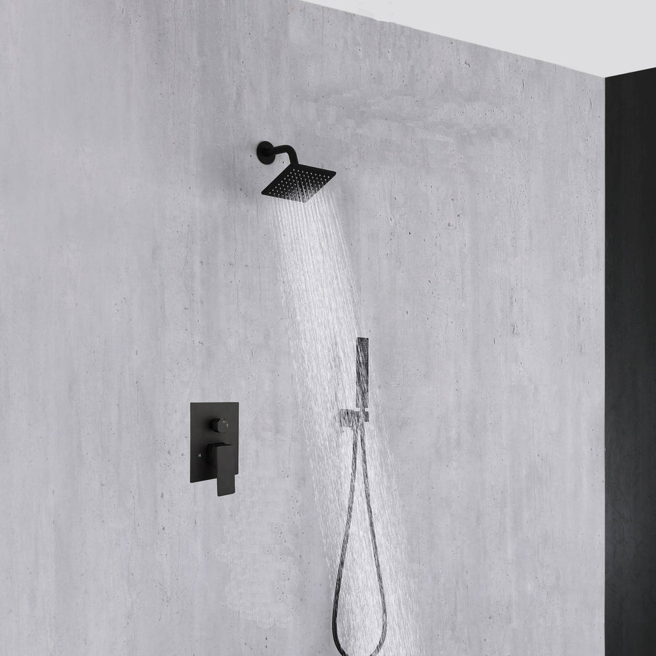 Single or two functions  6 inch regular head Wall Mounted Matte Black Rainfall  shower faucet pressure balance rough in valve