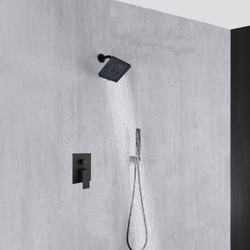 Single or two functions  6 inch regular head Wall Mounted Matte Black Rainfall  shower faucet pressure balance rough in valve