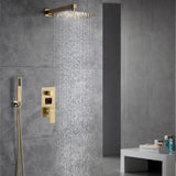 Brushed Gold Wall-Mounted Shower Faucet with 2-Way Digital Display, Optional 6'' Regular Head or 12'' Rain Head