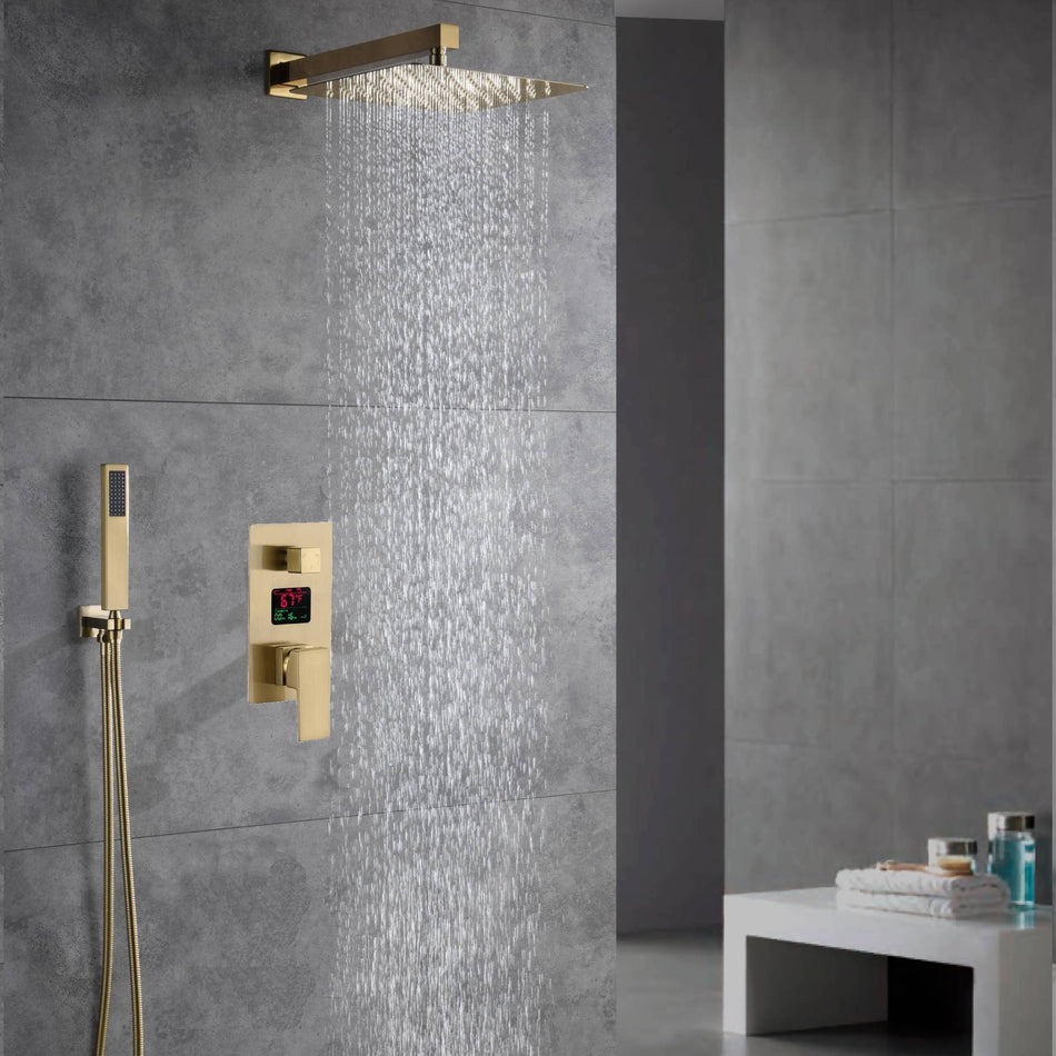 Brushed Gold Wall-Mounted Shower Faucet with 2-Way Digital Display, Optional 6'' Regular Head or 12'' Rain Head
