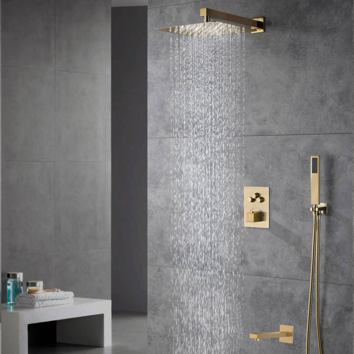 Brushed gold 3 way Thermostatic Shower valve system with tub spout tha ...