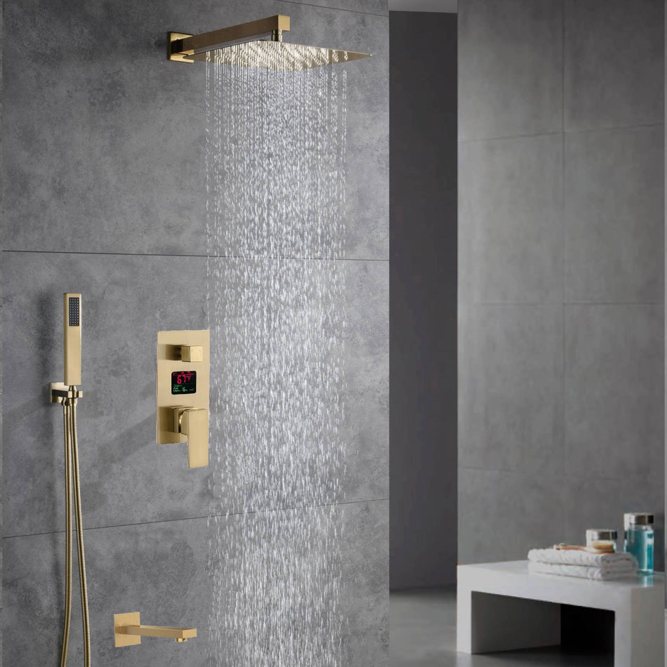 Brushed Gold Wall-Mounted Shower Faucet with 12'' or 16'' Rain Shower Head, 3-Way Digital Display, Trim, and Tub Spout