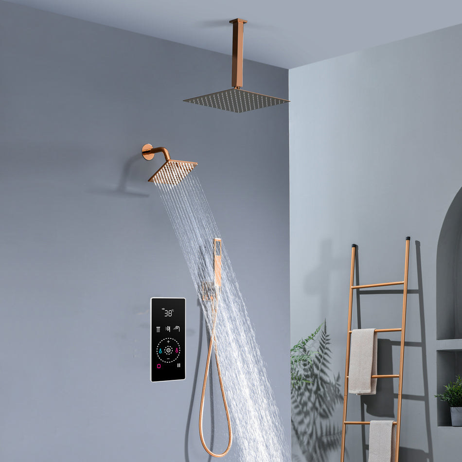 3 Way Thermal Digital Touchscreen Shower Faucet with regular head and rainfall head,Handle Shower