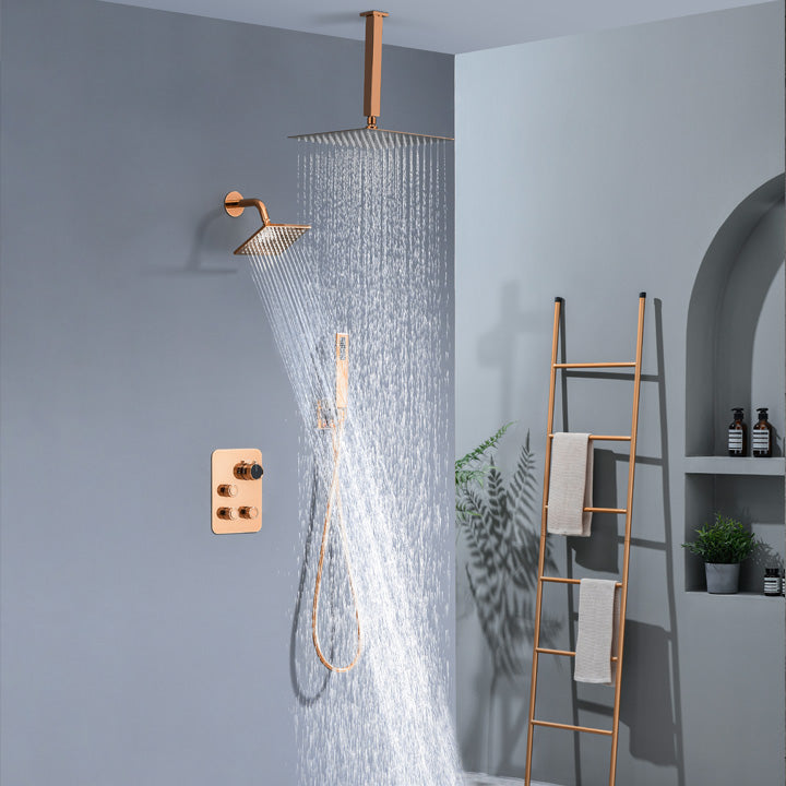Luxurious Rose Gold 3-Way Thermostatic Shower System | 6-Inch Regular High-Pressure Shower Head | 12-Inch Ceiling Mount Rainfall Shower Head