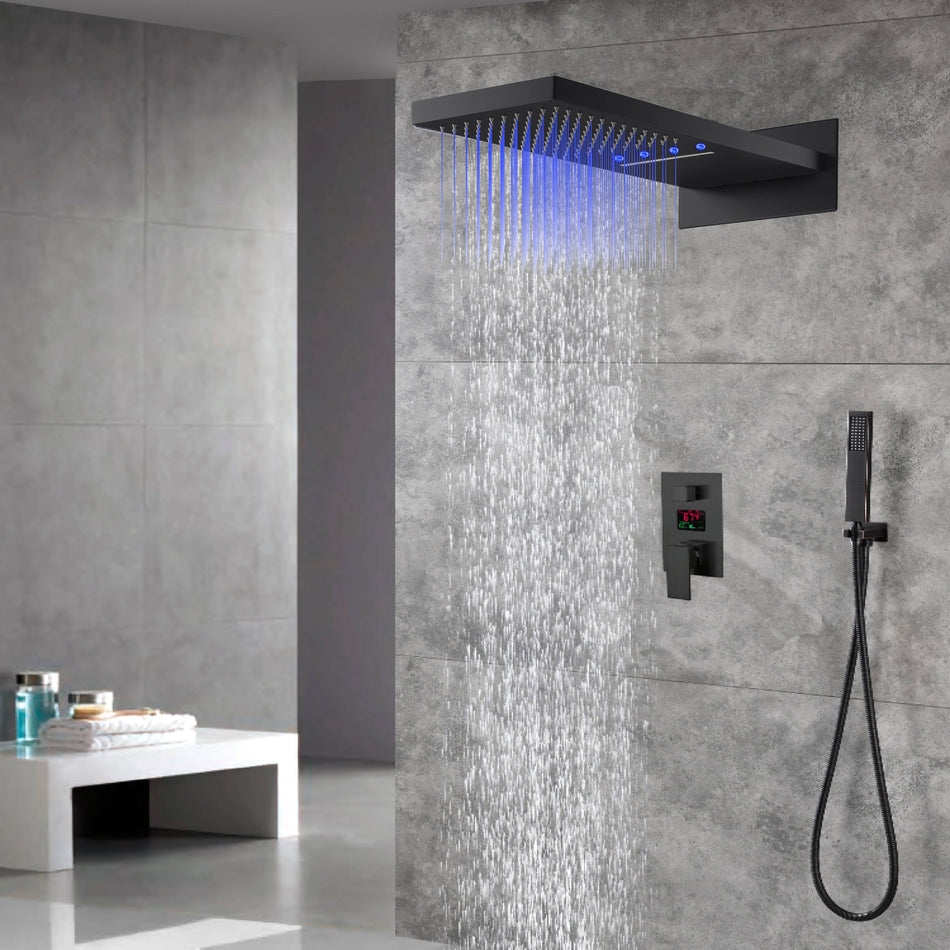 22-Inch Matte Black Rainfall Waterfall Shower Faucet with Optional LED Lighting and 3-Way Digital Display Pressure Balance Valve