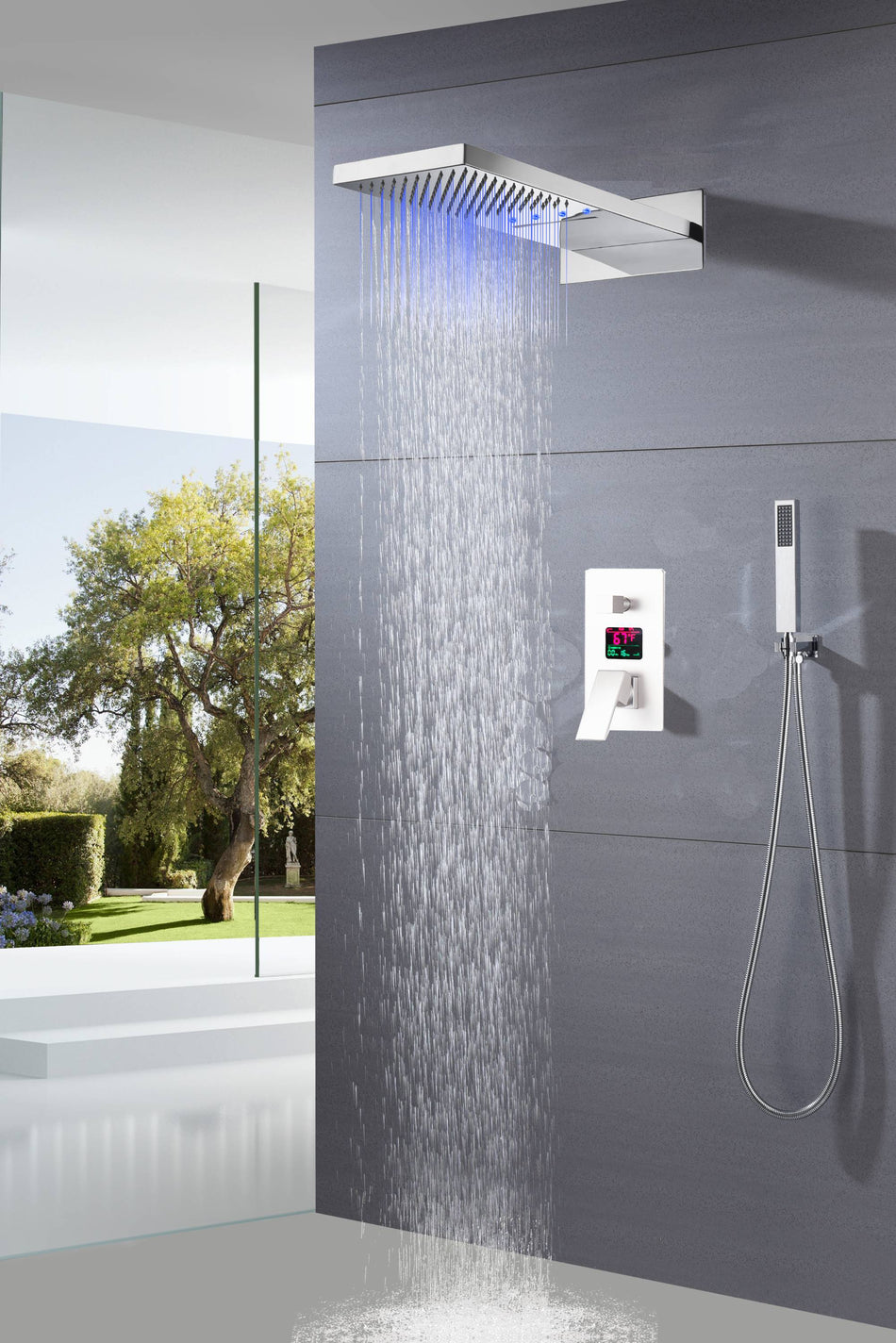 22" Chrome 3 way digital display valve Rain & Waterfall Shower Faucet