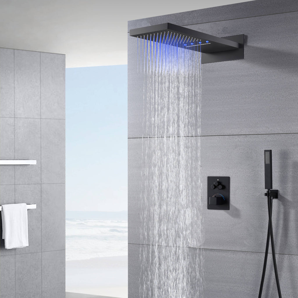 22-Inch Wall-Mount Matte Black Rainfall and Waterfall Shower Head with 3-Way Thermostatic Shower Faucet, Available with or without LED Light - wonderland shower inc