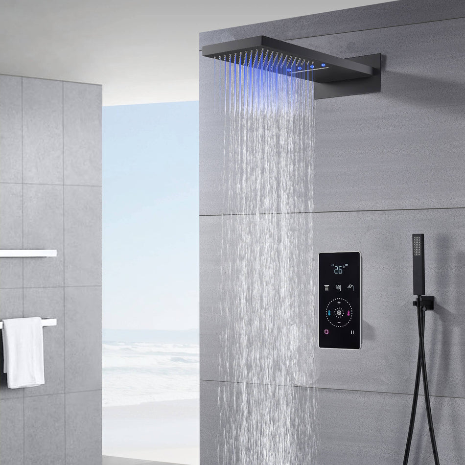 22-Inch Wall-Mount Matte Black Rainfall and Waterfall Shower Head with 3-Way Digital Touch Panel Shower Faucet, Available with or without LED Light