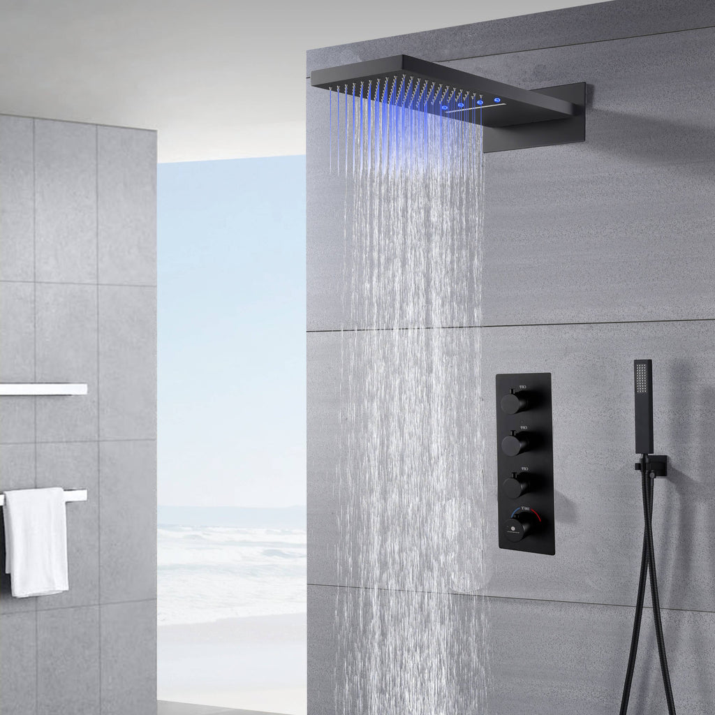 Matte black 22 inch rainfall waterfall shower head 3 way thermostatic shower system with handle sprayer - wonderland shower inc