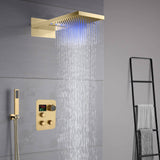 22-Inch Brushed Gold 3 Way Thermostatic Shower Faucet System with Rainfall and Waterfall