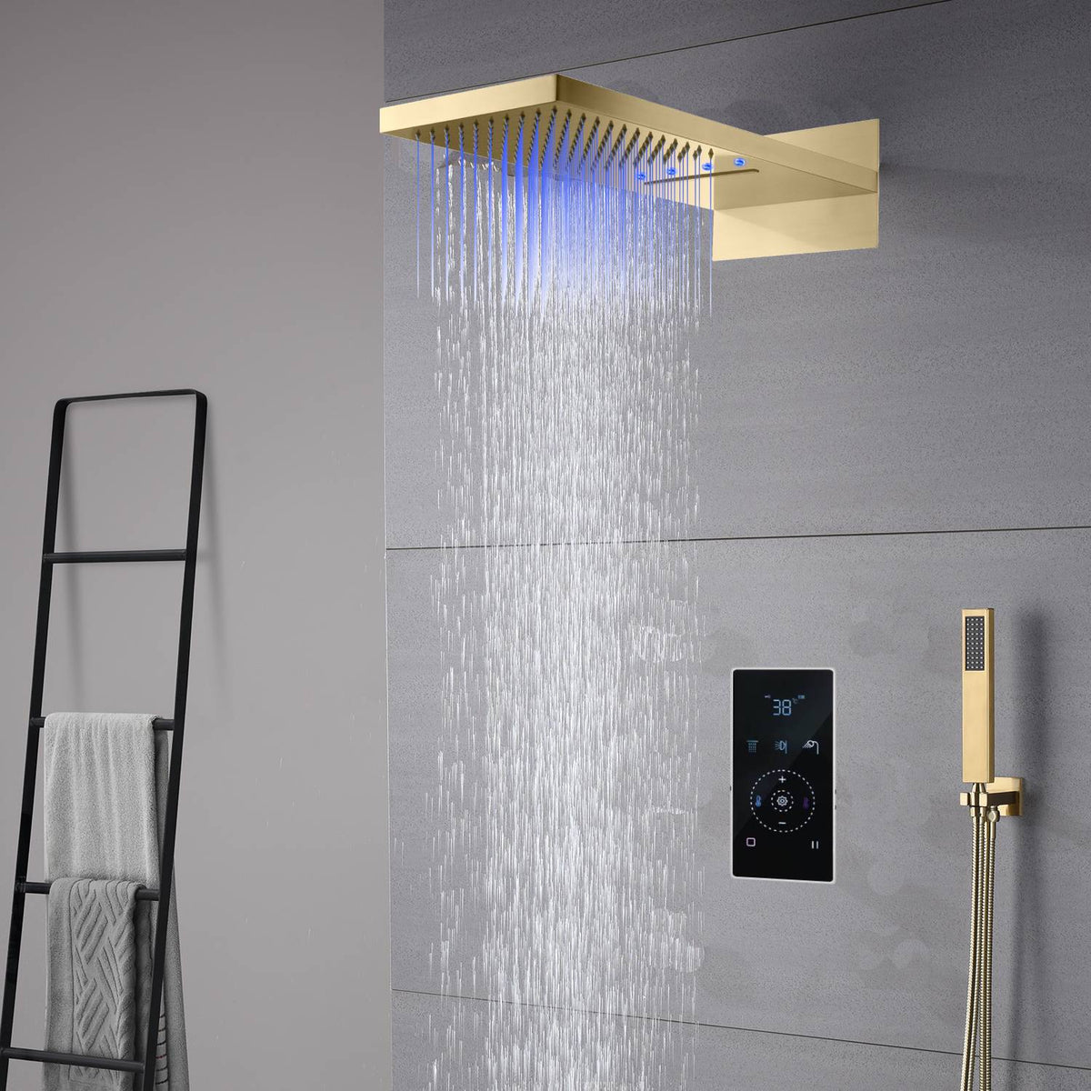 22-Inch Brushed Gold 3 Way Digital Touch Panel Shower Faucet System wi ...