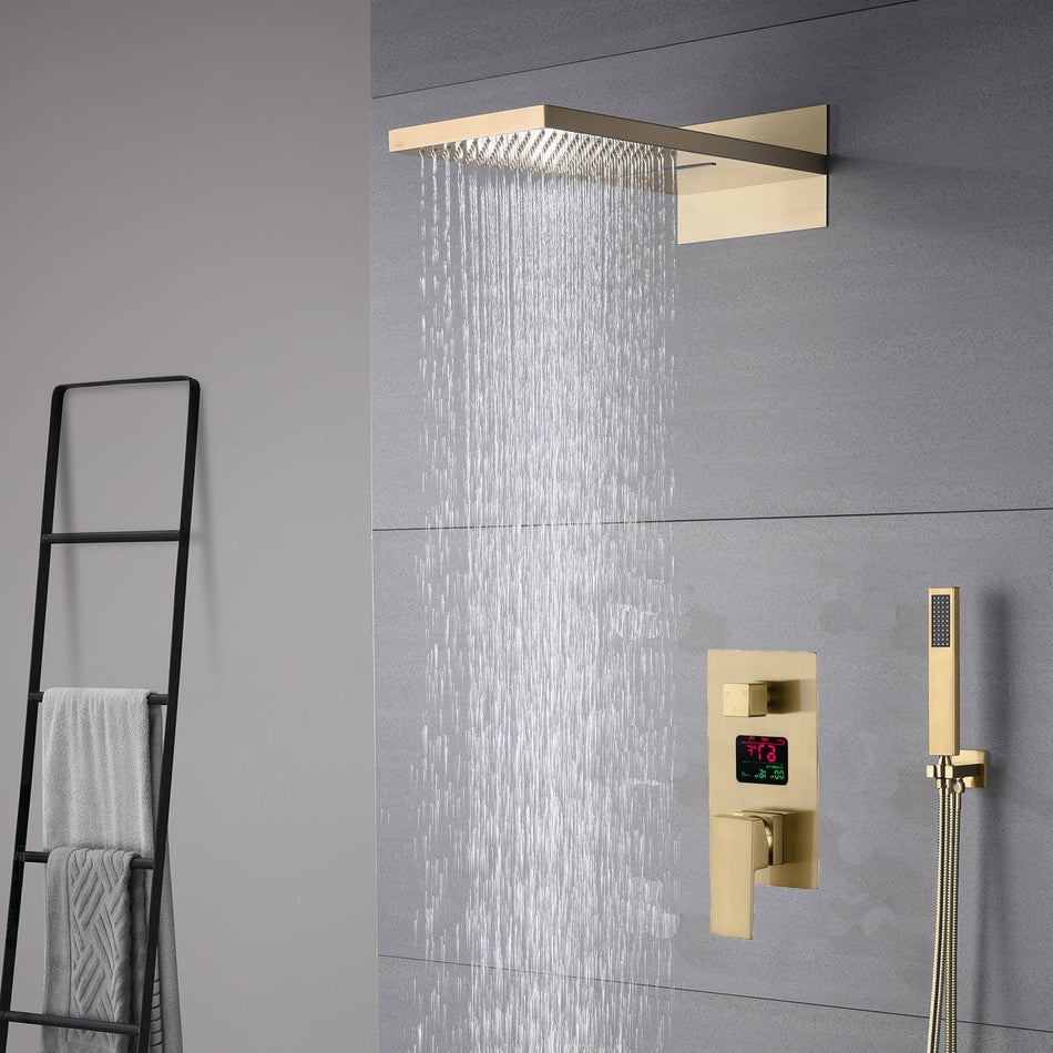 22-Inch Wall-Mount Brushed Gold 3-Way Digital Display Anti-Scald Shower Faucet System with Rainfall and Waterfall Functions, Available with or without LED