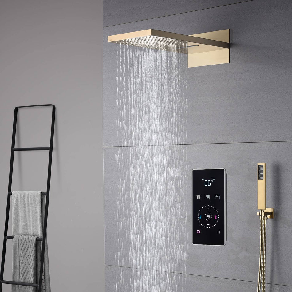 22-Inch Brushed Gold 3 Way Digital Touch Panel Shower Faucet System with Rainfall and Waterfall