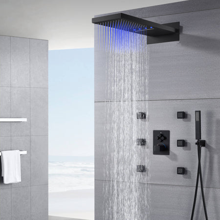 22'' Matte Black 4 way Thermostatic Shower valve system that each function run at the same time and separately - wonderland shower inc