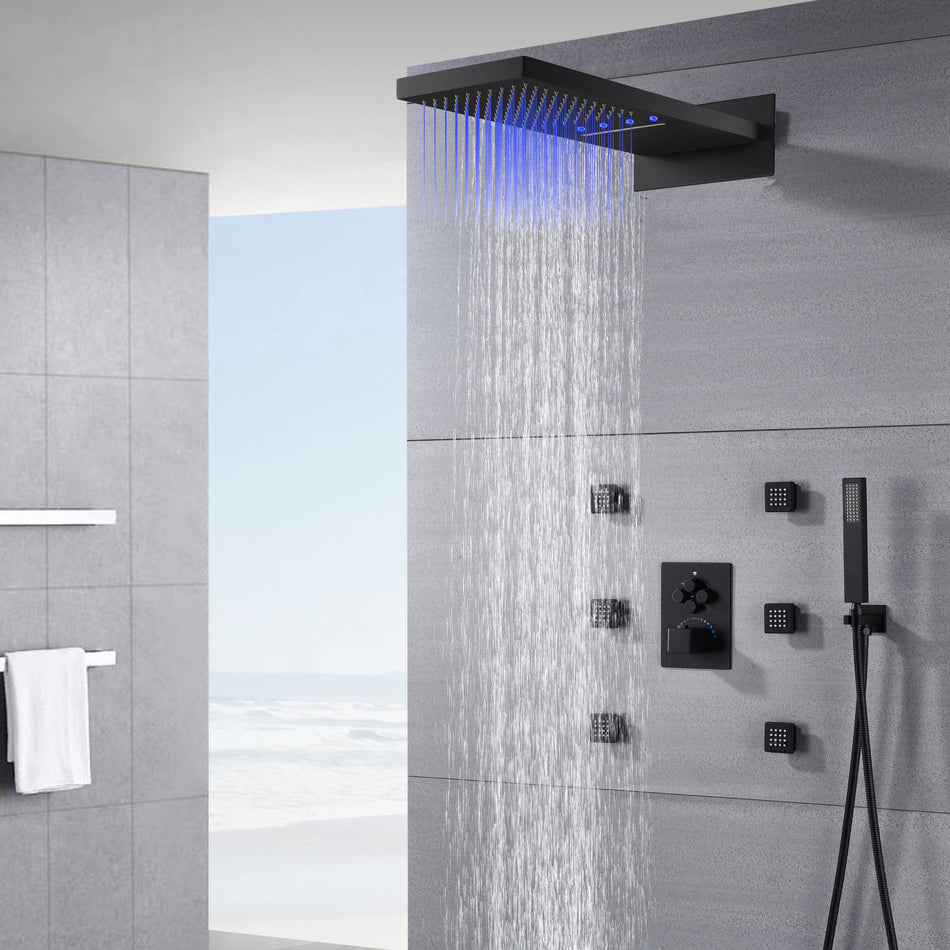 22'' Matte Black 4 way Thermostatic Shower valve system that each function run at the same time and separately - wonderland shower inc