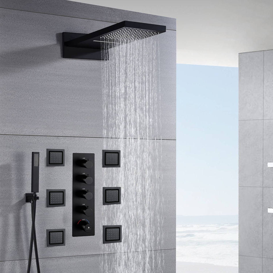 22'' Matte Black 4-Way Thermostatic Shower System with Waterfall, Rainfall, and Body Jets